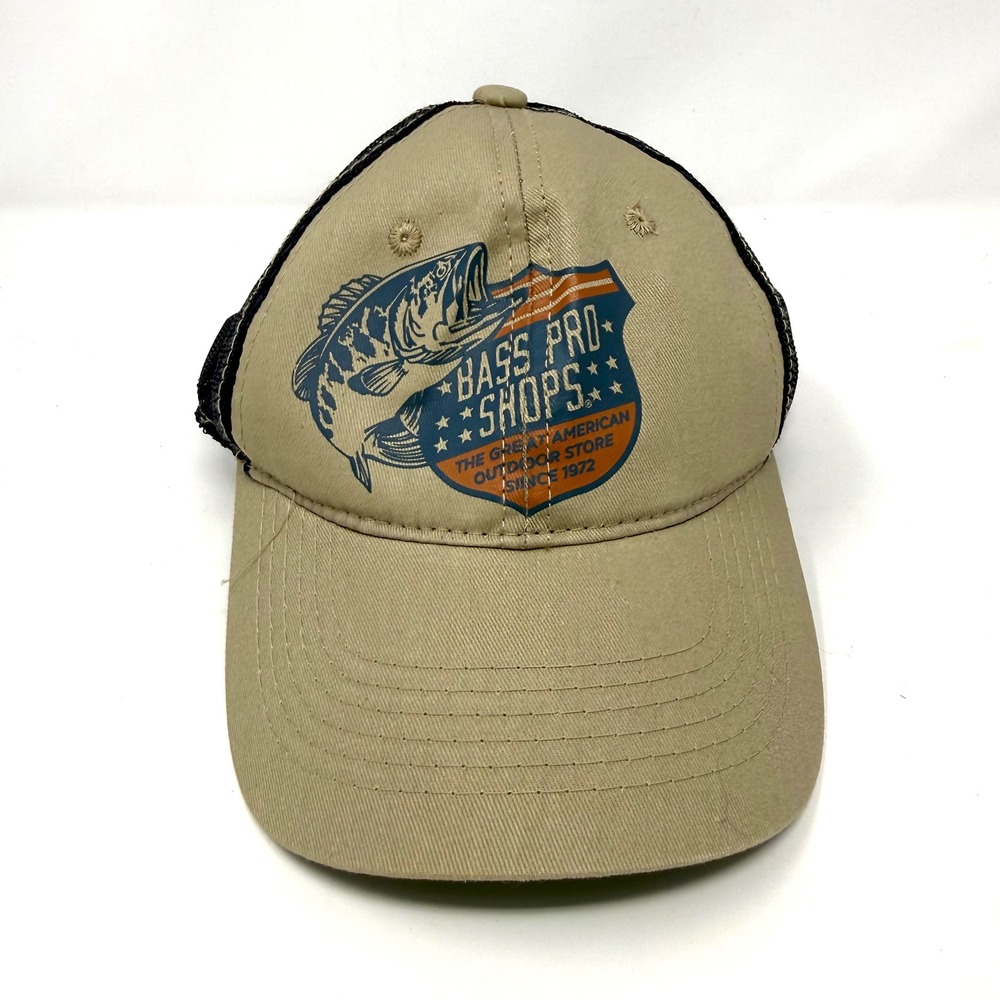 Bass Pro Shops Mens‎ Trucker Hat Tan Navy Blue Bass Fishing Logo Snapback Cap